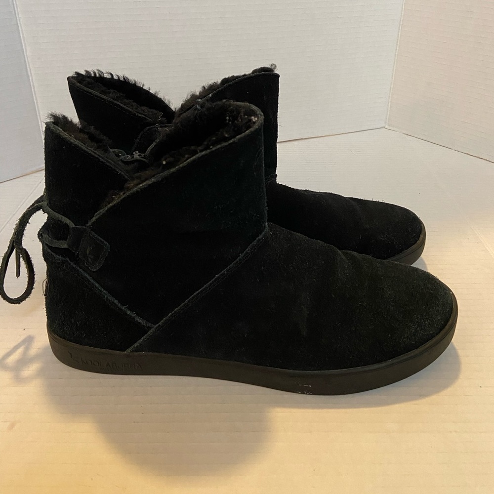 Koolaburra UGG Black Suede Short Booties Winter Boots Womens Tassel Ties Size 10